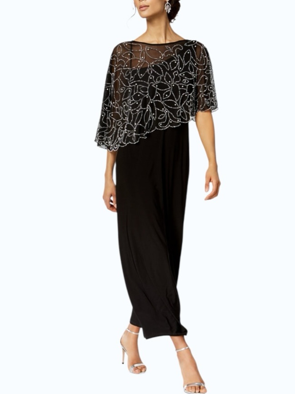 Black Beaded Cape Maxi Full Length Gown Dress